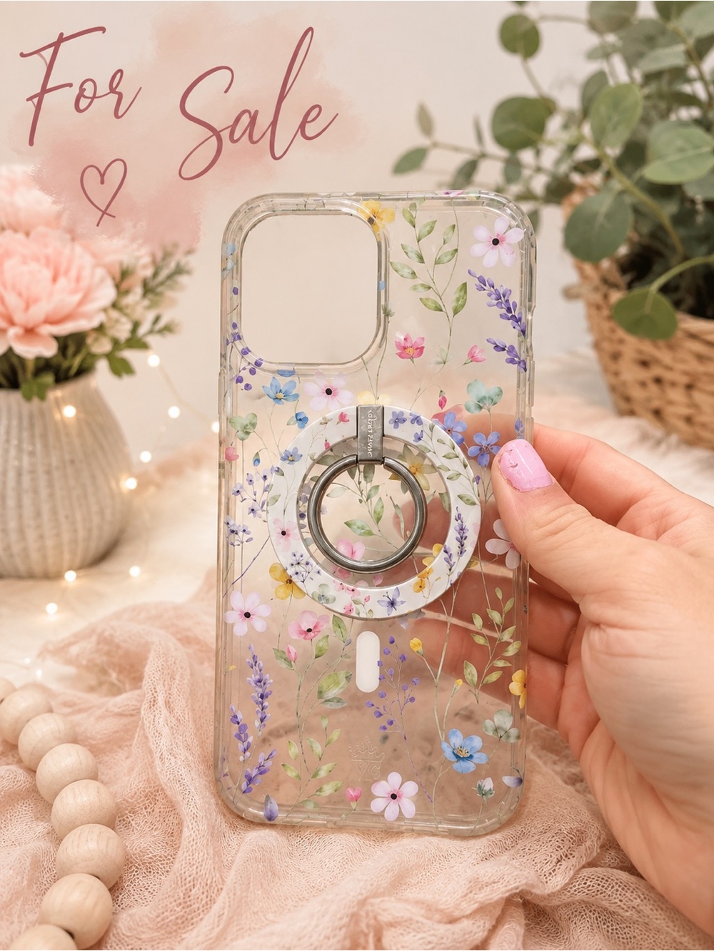 Clear Floral Phone Case with Ring Holder - Pink Floral